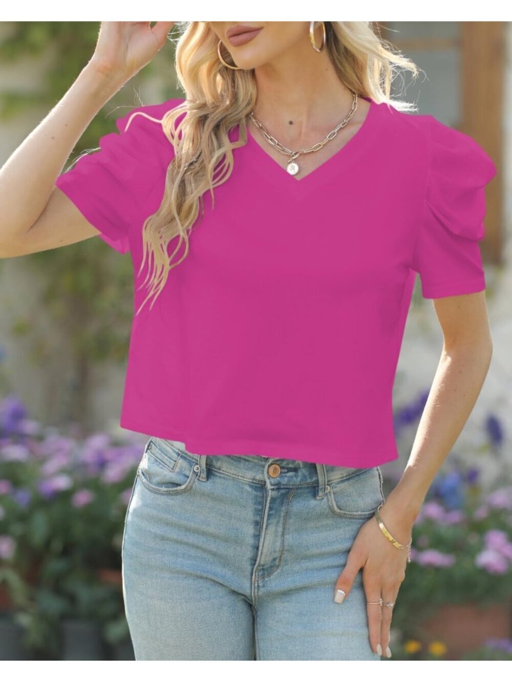〽️Women's Hot Pink 1 Short Sleeve V Neck Cropped Casual Crop Tops T Shirts